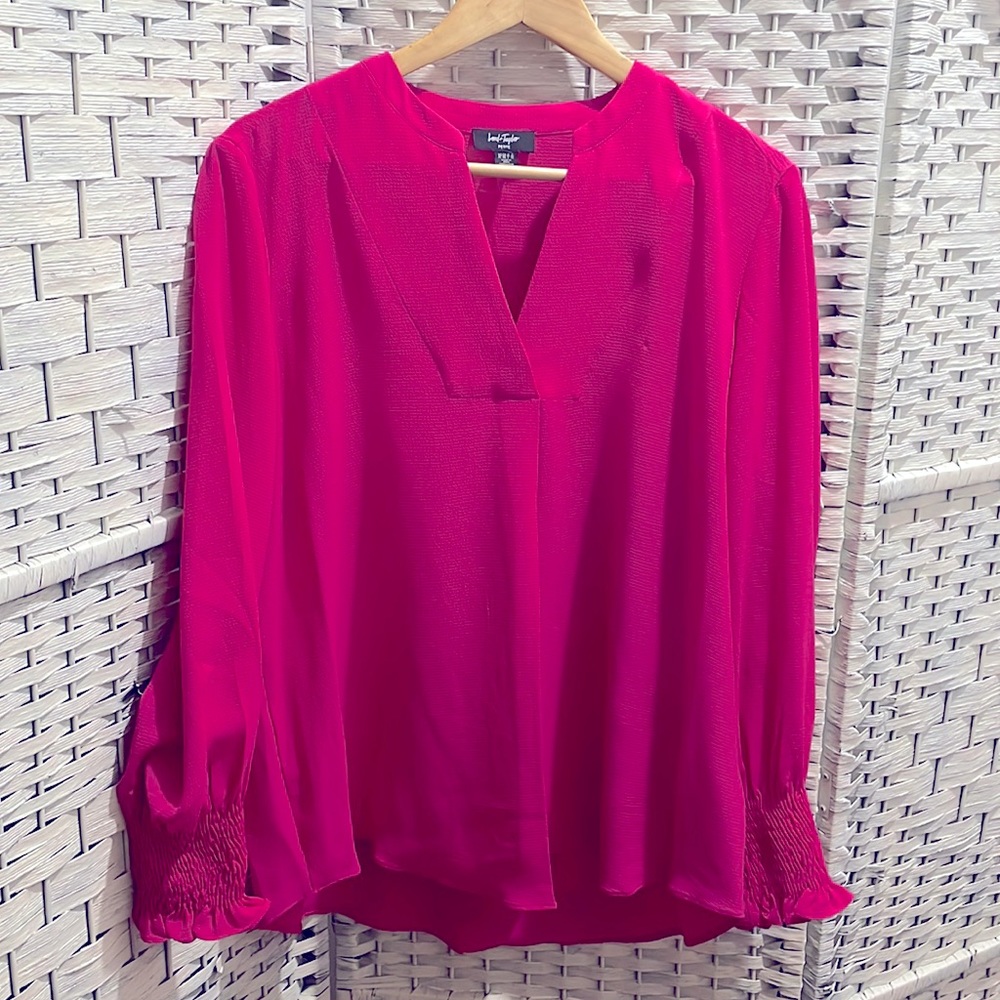 Pink long sleeved blouse, vneck by Lord & Taylor.   Size Petite fit regular 12.